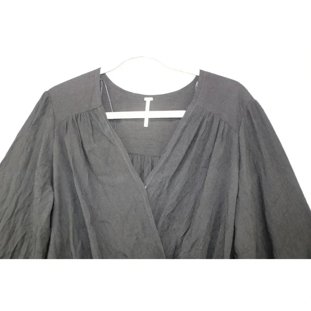 Free People Black Long Puff Sleeve Wrap Top-Small/Petite-Oversized